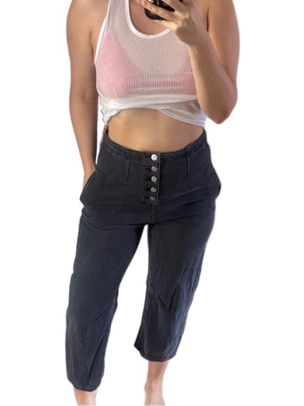 Miou Muse Washed Cotton Barrel Pants in a dark wash blue navy Sz m high waisted